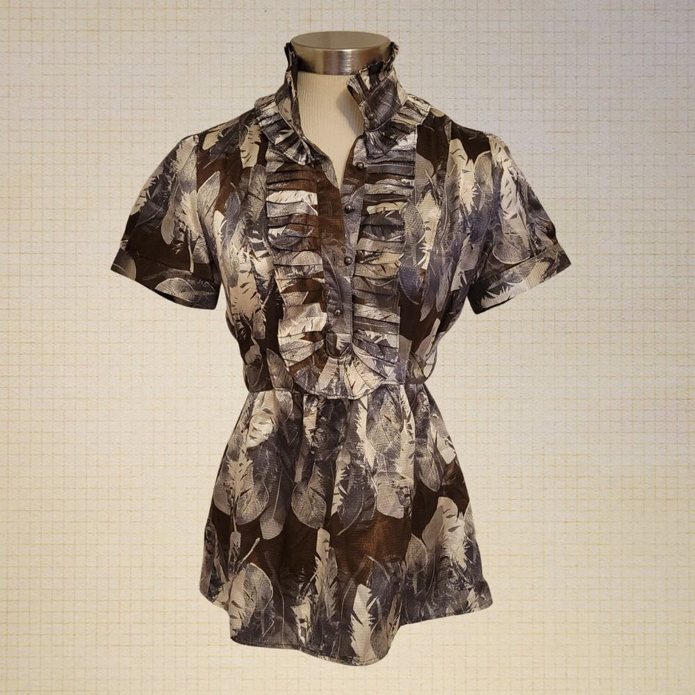 New York & Company Floral Blouse XS Brown Tie Waist Button Up y2k
